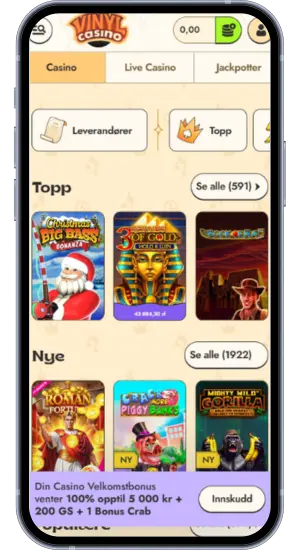 Hovedside i Vinyl Casino-appen med topp- og nye spilleautomater