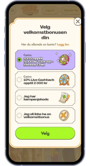 Valg av velkomstbonus: casino, live cashback eller ingen bonus