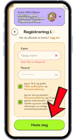 Registreringsskjema trinn 1: e-post, passord og bonusvilkår
