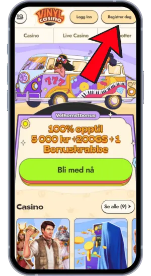 Velkomstbanner med "Registrer deg"-knapp på forsiden