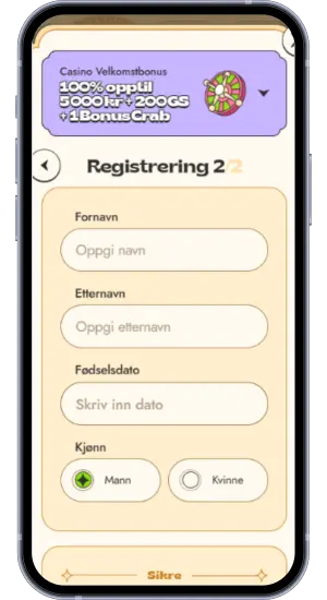 Registreringsskjema trinn 2: fornavn, etternavn, fødselsdato og kjønn